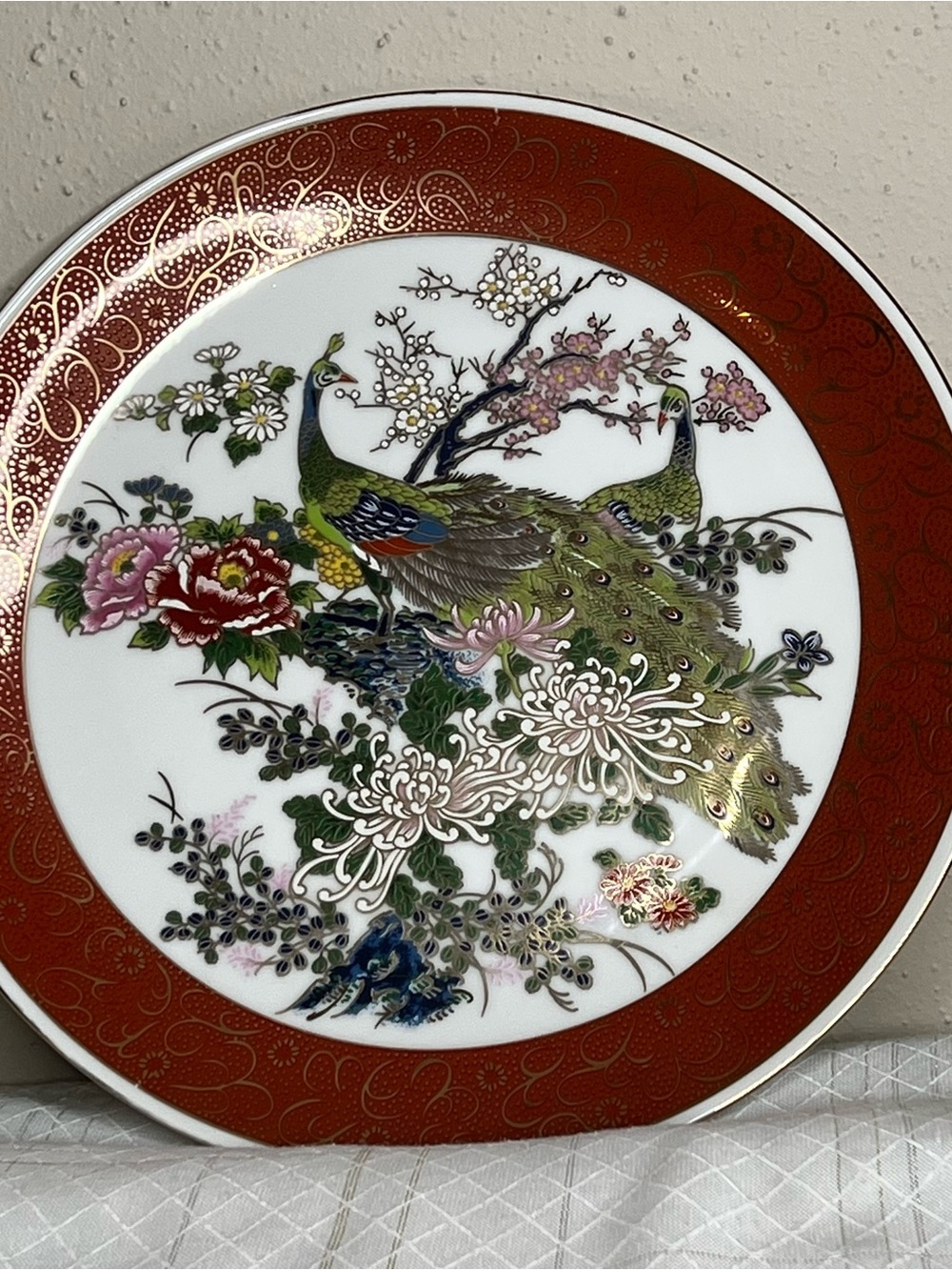 Satsuma Decorative Green Peacock Porcelain Wall Plate made in Japan